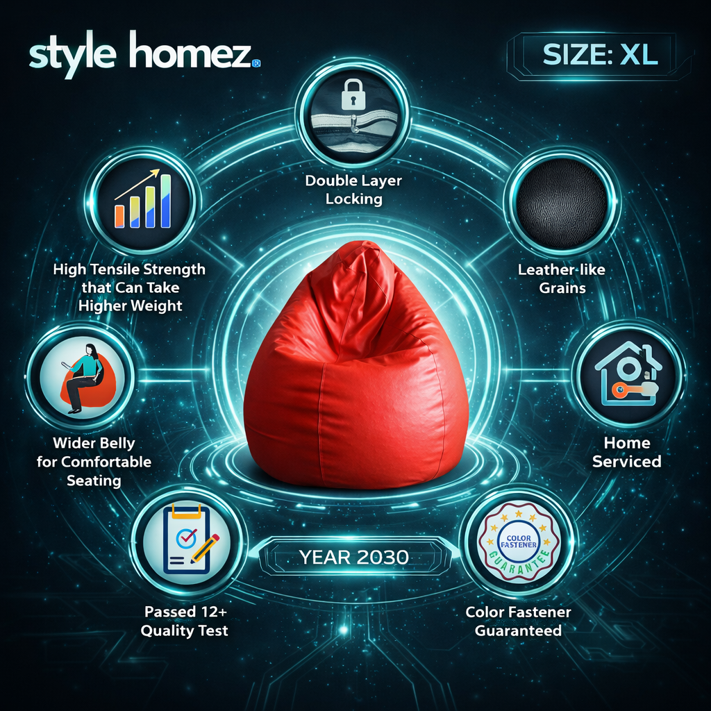 Style Homez Premium Leatherette Classic Bean Bag XL Size Red Color Filled with Beans Fillers