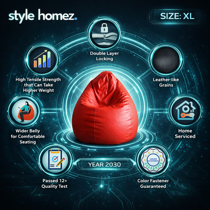 Style Homez Premium Leatherette Classic Bean Bag XL Size Red Color Filled with Beans Fillers
