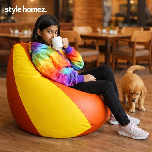 Style Homez Premium Leatherette Classic Bean Bag XL Size Tan Yellow Color Filled with Beans Fillers