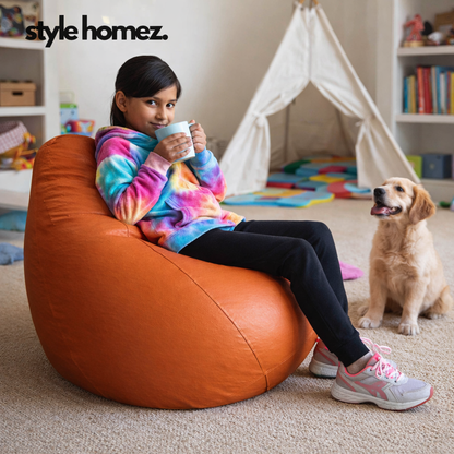 Style Homez Premium Leatherette Classic Bean Bag XL Size TAN Color Filled with Beans Fillers
