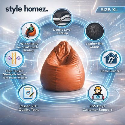 Style Homez Premium Leatherette Classic Bean Bag XL Size TAN Color Filled with Beans Fillers