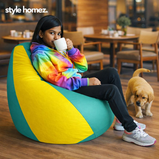 Style Homez Premium Leatherette Classic Bean Bag XL Size Teal Yellow Color Filled with Beans Fillers