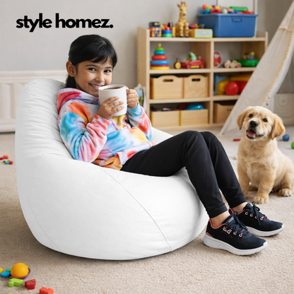 Style Homez Premium Leatherette Classic Bean Bag XL Size White Color Filled with Beans Fillers