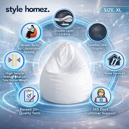 Style Homez Premium Leatherette Classic Bean Bag XL Size White Color Filled with Beans Fillers
