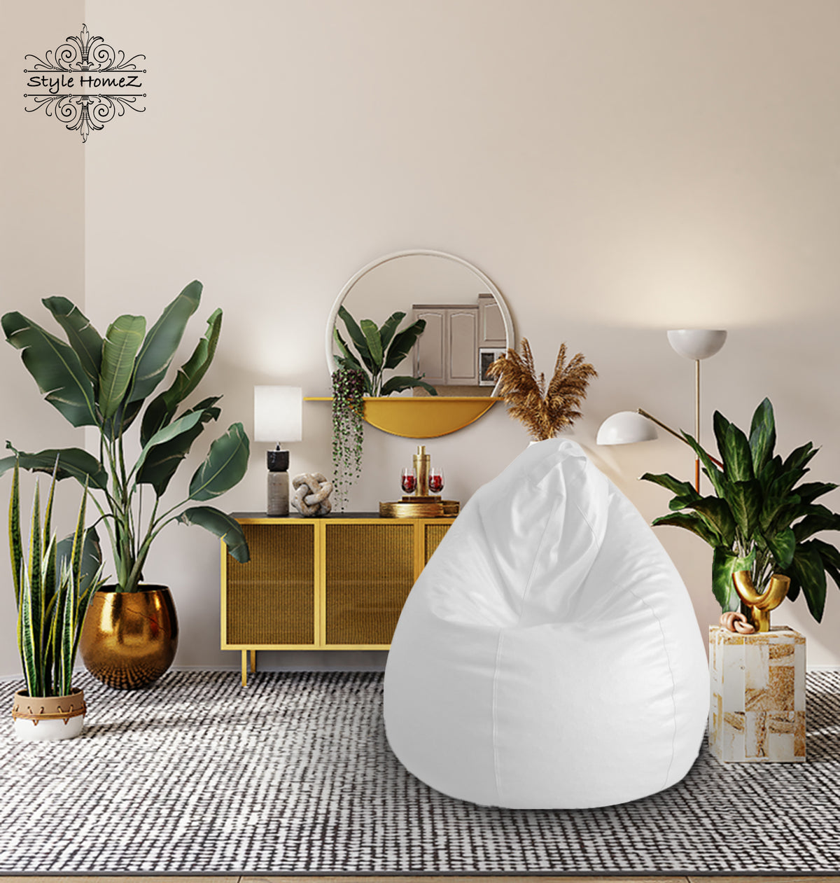 Style Homez Premium Leatherette Classic Bean Bag XL Size White Color Filled with Beans Fillers