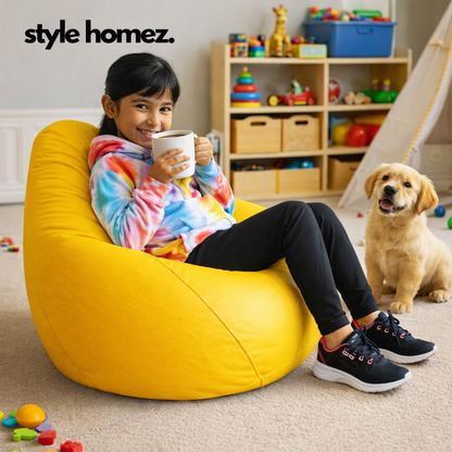 Style Homez Premium Leatherette Classic Bean Bag XL Size Yellow Color Filled with Beans Fillers