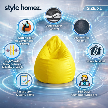 Style Homez Premium Leatherette Classic Bean Bag XL Size Yellow Color Filled with Beans Fillers