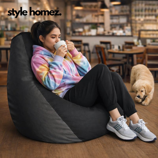 Style Homez Premium Leatherette Classic Bean Bag XXL Size Black Grey Color Filled with Beans Fillers