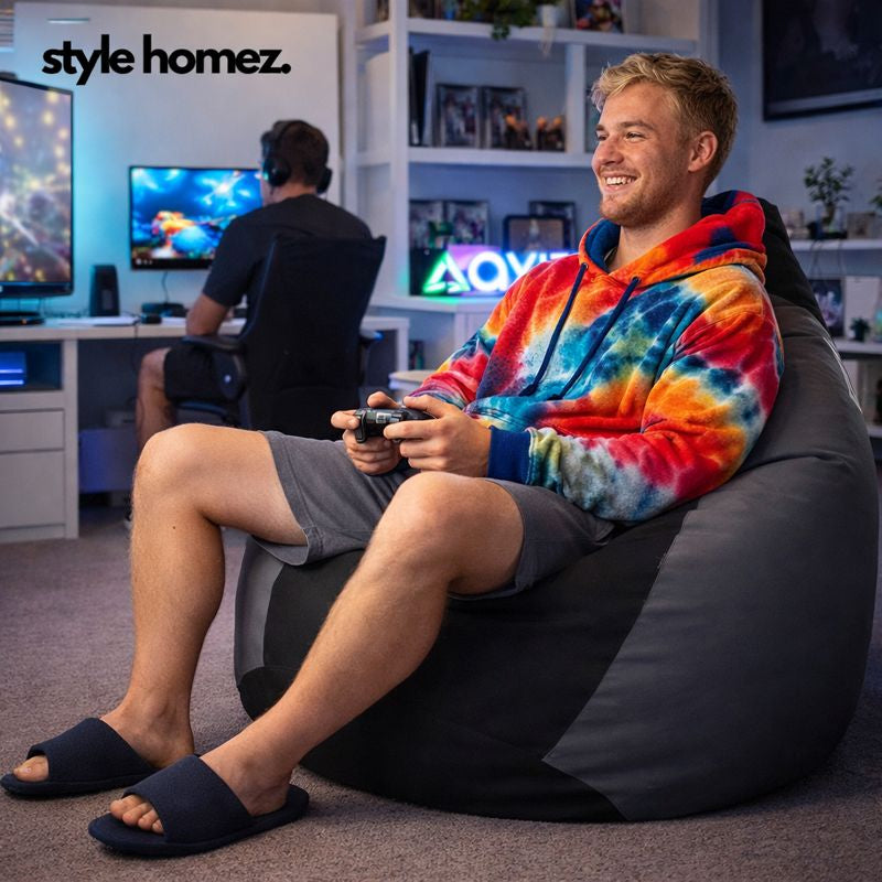 Style Homez Premium Leatherette Classic Bean Bag XXL Size Black Grey Color Filled with Beans Fillers