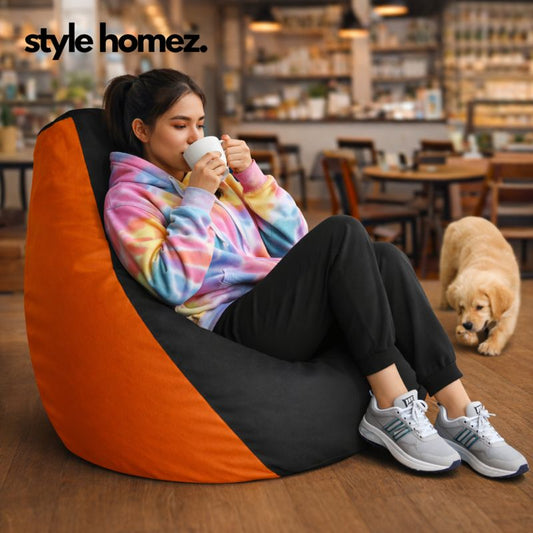 Style Homez Premium Leatherette Classic Bean Bag XXL Size Black Orange Color Filled with Beans Fillers