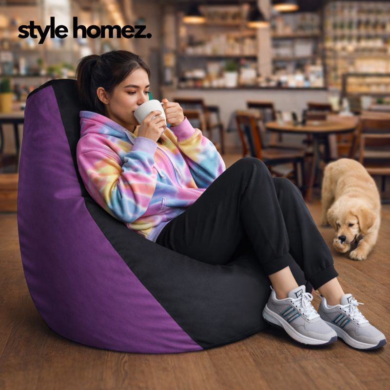 Style Homez Premium Leatherette Classic Bean Bag XXL Size Black Purple Color Filled with Beans Fillers