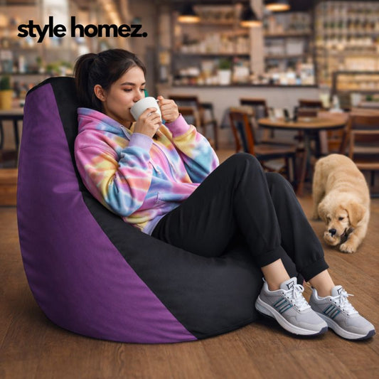Style Homez Premium Leatherette Classic Bean Bag XXL Size Black Purple Color Filled with Beans Fillers