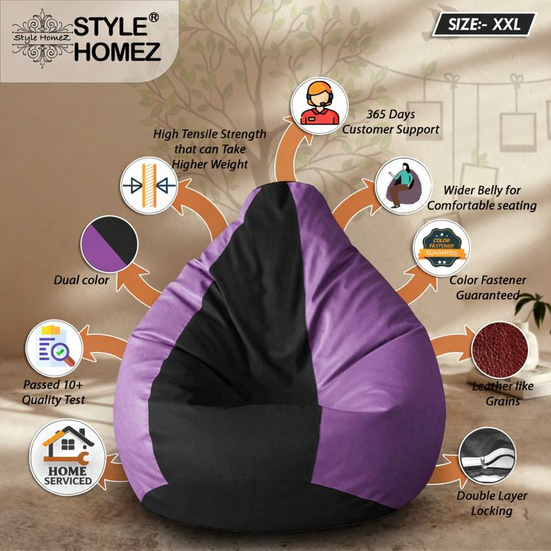 Style Homez Premium Leatherette Classic Bean Bag XXL Size Black Purple Color Filled with Beans Fillers