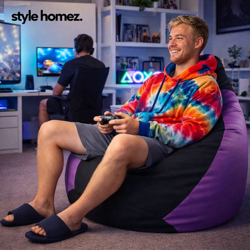 Style Homez Premium Leatherette Classic Bean Bag XXL Size Black Purple Color Filled with Beans Fillers