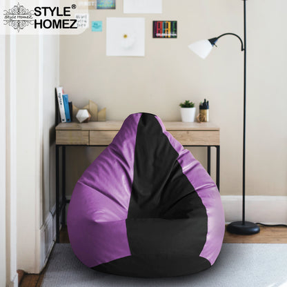 Style Homez Premium Leatherette Classic Bean Bag XXL Size Black Purple Color Filled with Beans Fillers