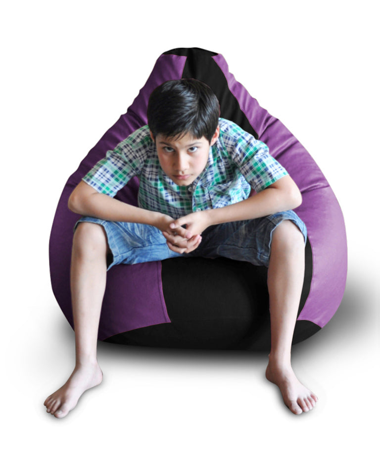 Style Homez Premium Leatherette Classic Bean Bag XXL Size Black Purple Color Filled with Beans Fillers