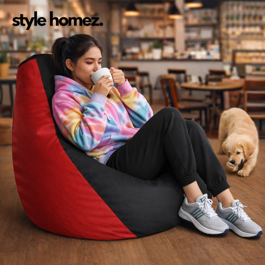 Style Homez Premium Leatherette Classic Bean Bag XXL Size Black Red Color Filled with Beans Fillers