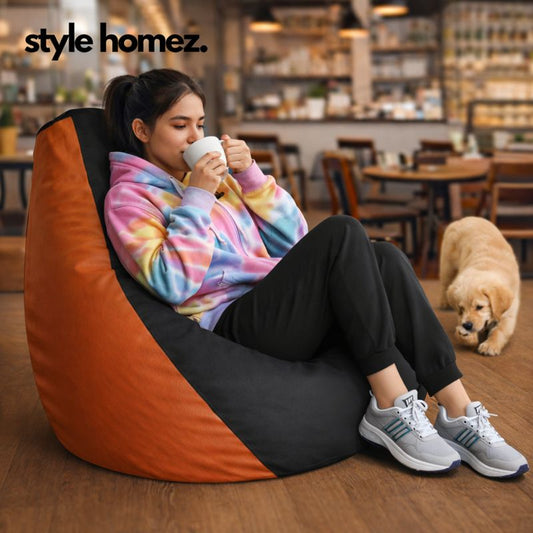 Style Homez Premium Leatherette Classic Bean Bag XXL Size Black Tan Color Filled with Beans Fillers
