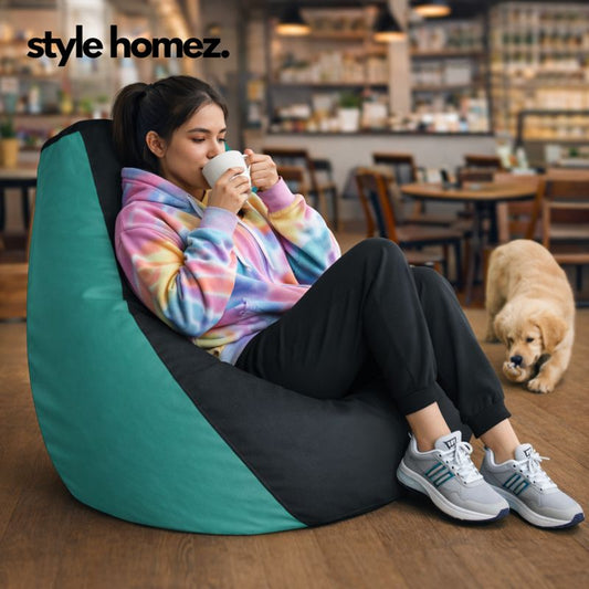 Style Homez Premium Leatherette Classic Bean Bag XXL Size Black Teal Color Filled with Beans Fillers