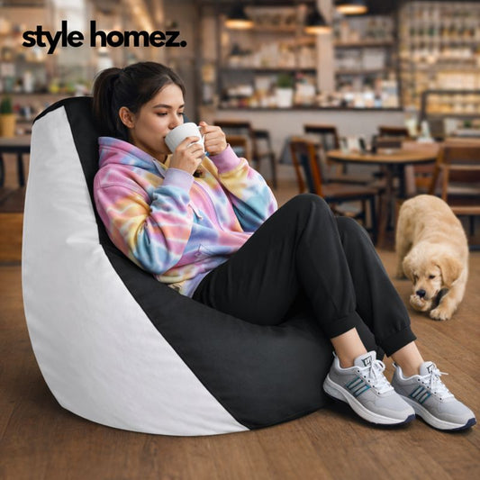 Style Homez Premium Leatherette Classic Bean Bag XXL Size Black White Color Filled with Beans Fillers