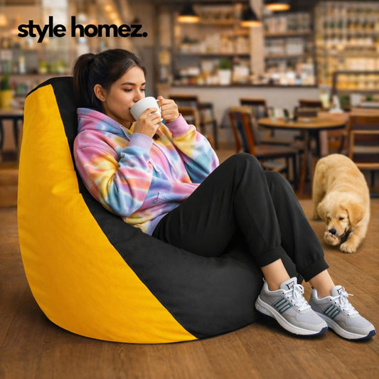 Style Homez Premium Leatherette Classic Bean Bag XXL Size Black Yellow Color Filled with Beans Fillers