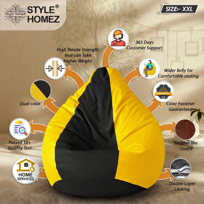 Style Homez Premium Leatherette Classic Bean Bag XXL Size Black Yellow Color Filled with Beans Fillers