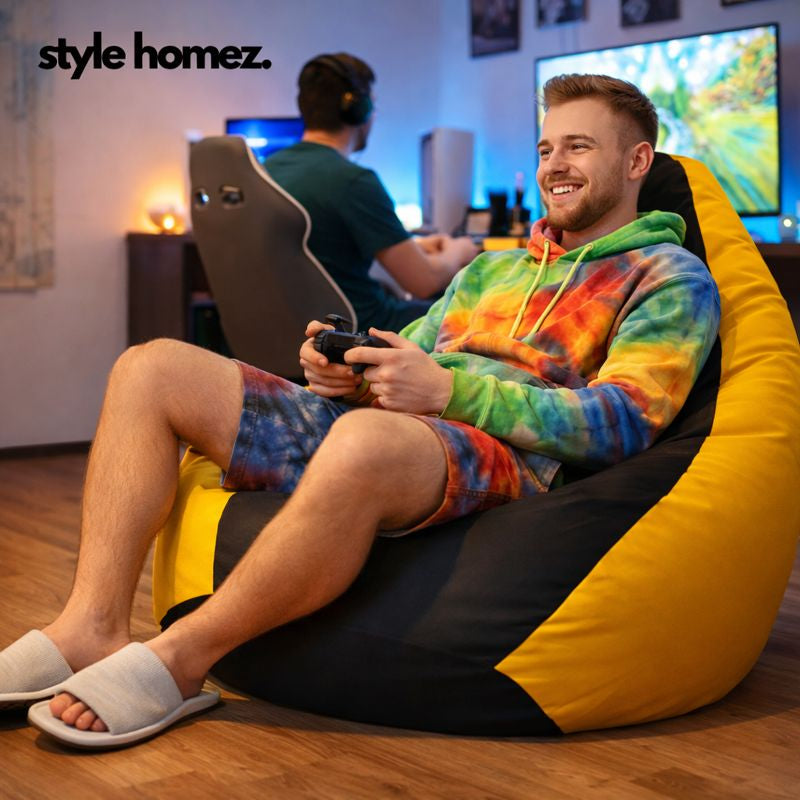 Style Homez Premium Leatherette Classic Bean Bag XXL Size Black Yellow Color Filled with Beans Fillers