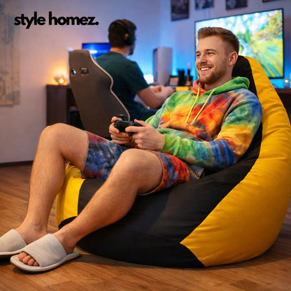 Style Homez Premium Leatherette Classic Bean Bag XXL Size Black Yellow Color Filled with Beans Fillers