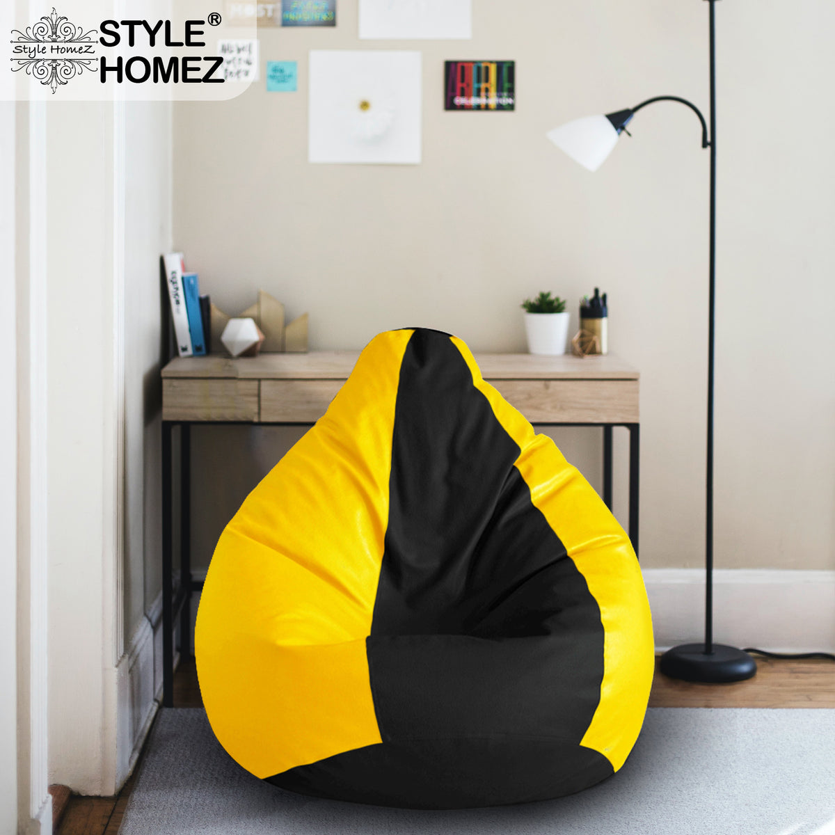 Style Homez Premium Leatherette Classic Bean Bag XXL Size Black Yellow Color Filled with Beans Fillers