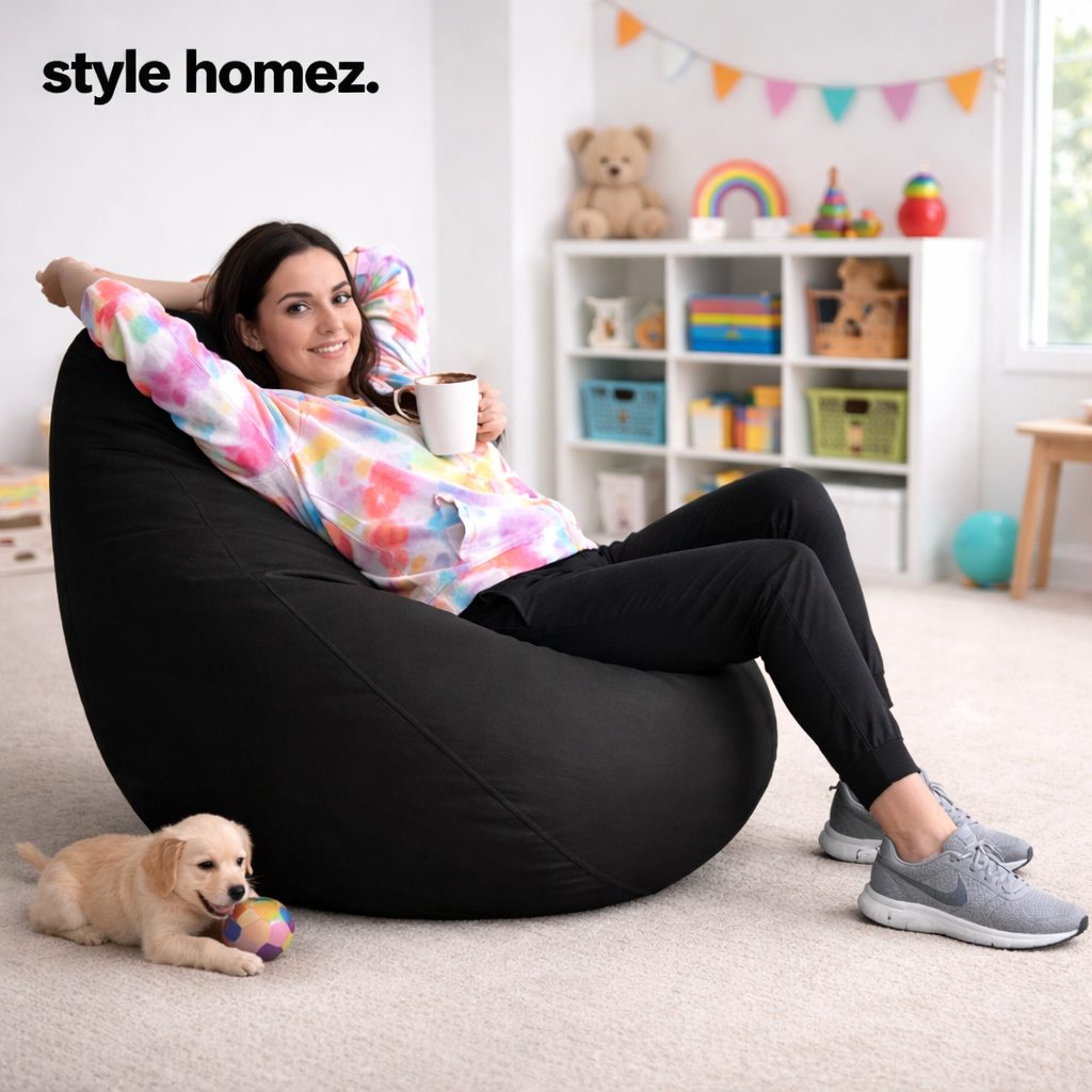 Style Homez Premium Leatherette Classic Bean Bag XXL Size Black Color Filled with Beans Fillers