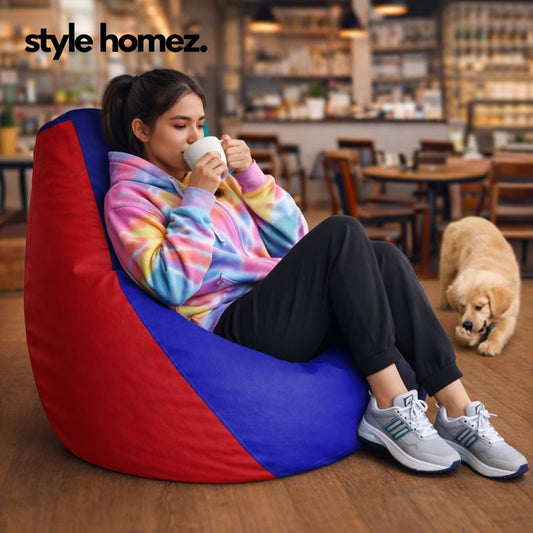 Style Homez Premium Leatherette Classic Bean Bag XXL Size Blue Red Color Filled with Beans Fillers