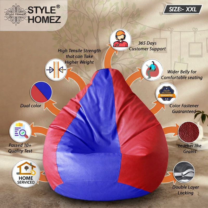 Style Homez Premium Leatherette Classic Bean Bag XXL Size Blue Red Color Filled with Beans Fillers