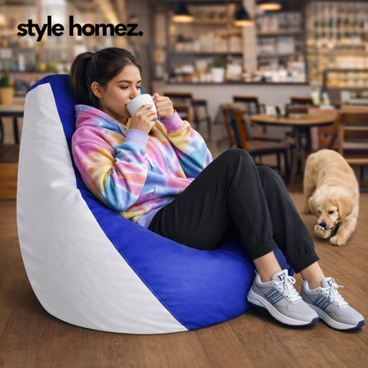Style Homez Premium Leatherette Classic Bean Bag XXL Size Blue White Color Filled with Beans Fillers