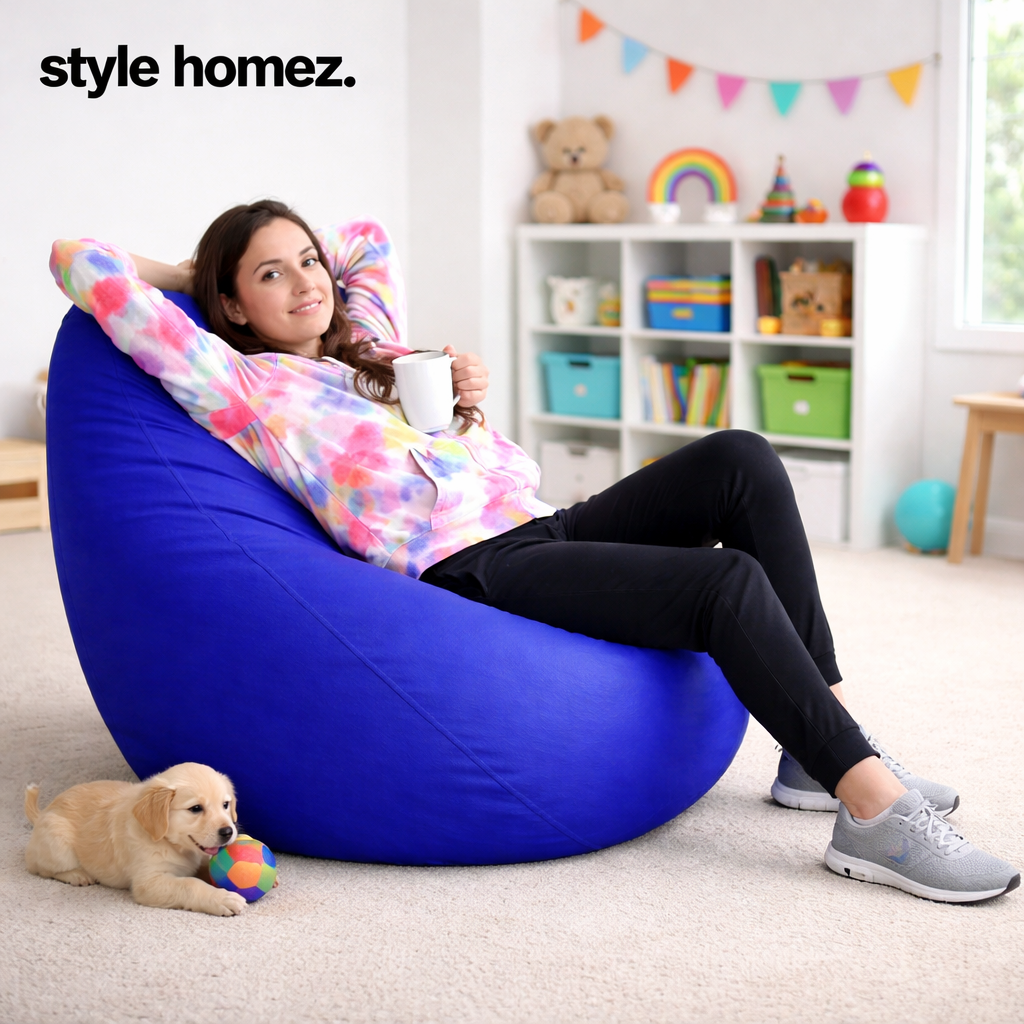 Style Homez Premium Leatherette Classic Bean Bag XXL Size Royal Blue Color Filled with Beans Fillers
