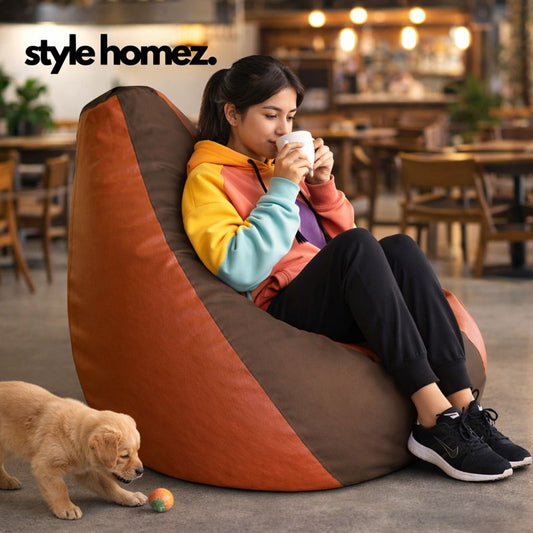 Style Homez Premium Leatherette Classic Bean Bag XXL Size Brown Tan Color Filled with Beans Fillers