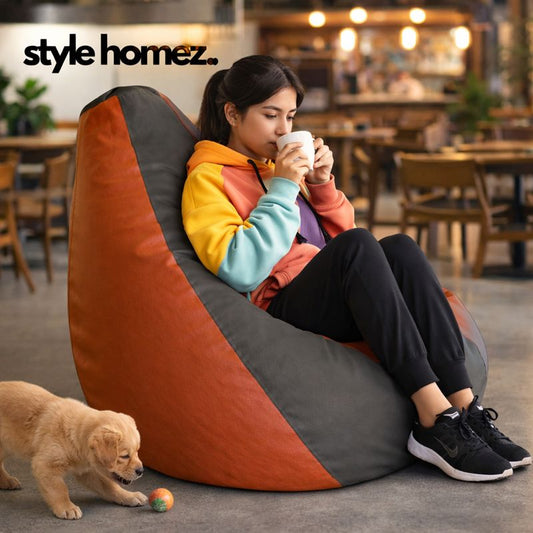 Style Homez Premium Leatherette Classic Bean Bag XXL Size Grey Tan Color Filled with Beans Fillers