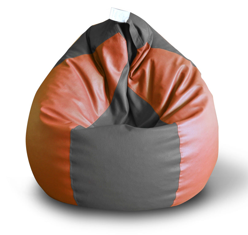 Style Homez Premium Leatherette Classic Bean Bag XXL Size Grey Tan Color Filled with Beans Fillers