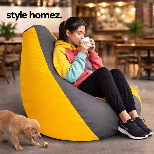 Style Homez Premium Leatherette Classic Bean Bag XXL Size Grey Yellow Color Filled with Beans Fillers