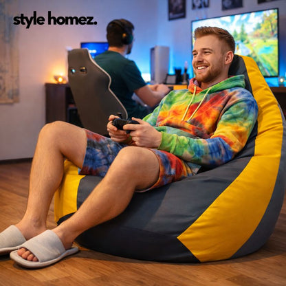 Style Homez Premium Leatherette Classic Bean Bag XXL Size Grey Yellow Color Filled with Beans Fillers