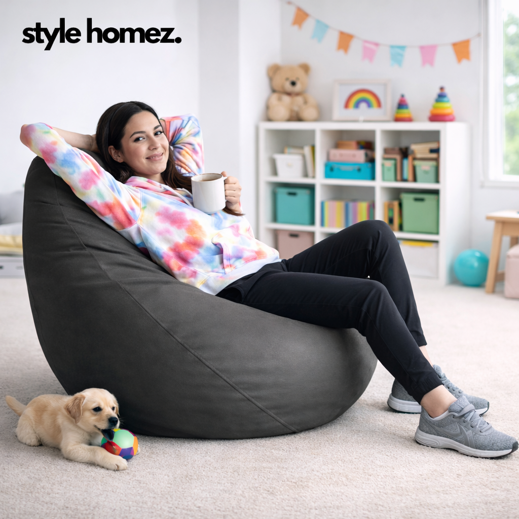 Style Homez Premium Leatherette Classic Bean Bag XXL Size Grey Color, Cover Only