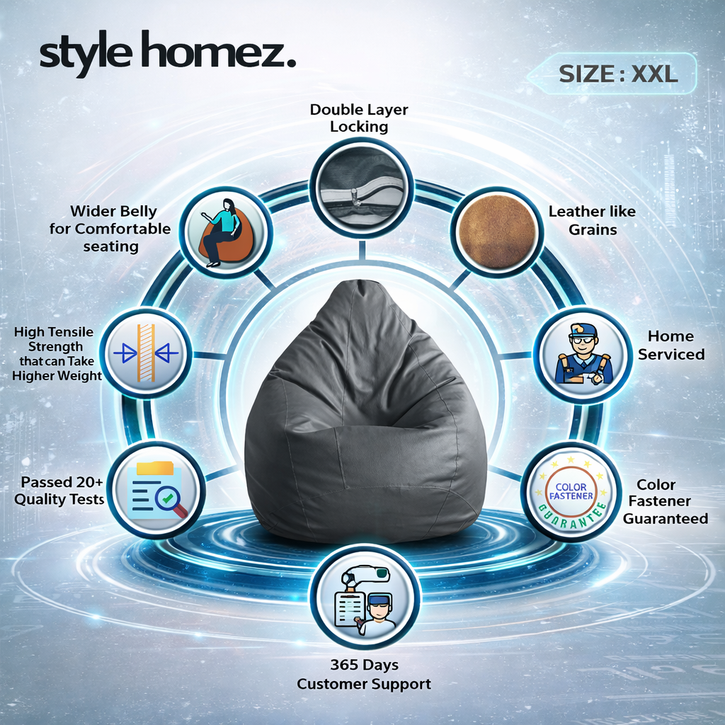Style Homez Premium Leatherette Classic Bean Bag XXL Size Grey Color, Cover Only
