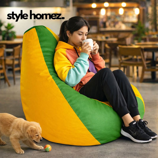 Style Homez Premium Leatherette Classic Bean Bag XXL Size Green Yellow Color Filled with Beans Fillers