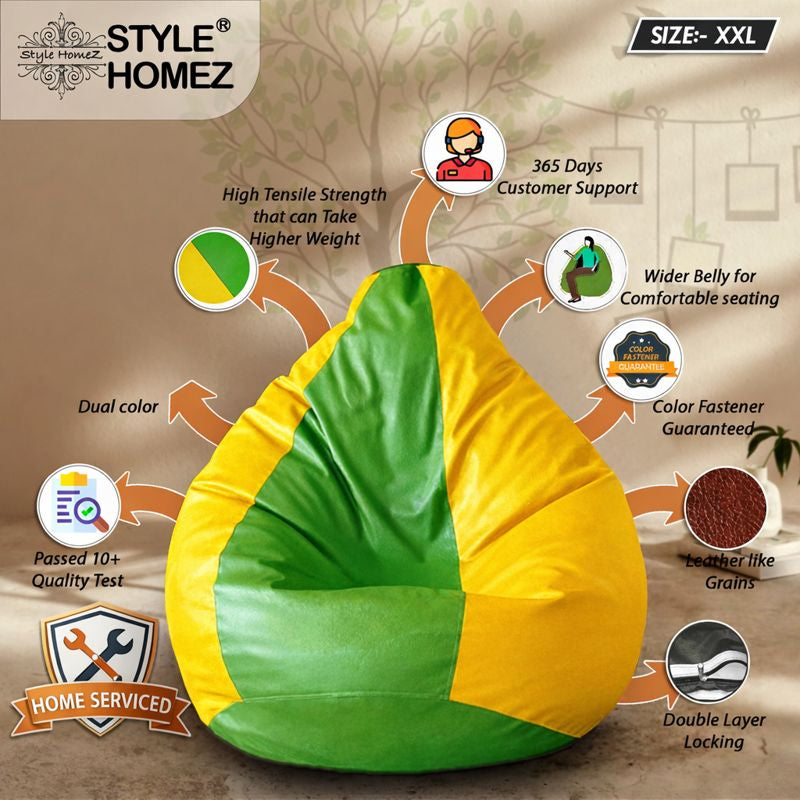 Style Homez Premium Leatherette Classic Bean Bag XXL Size Green Yellow Color Filled with Beans Fillers