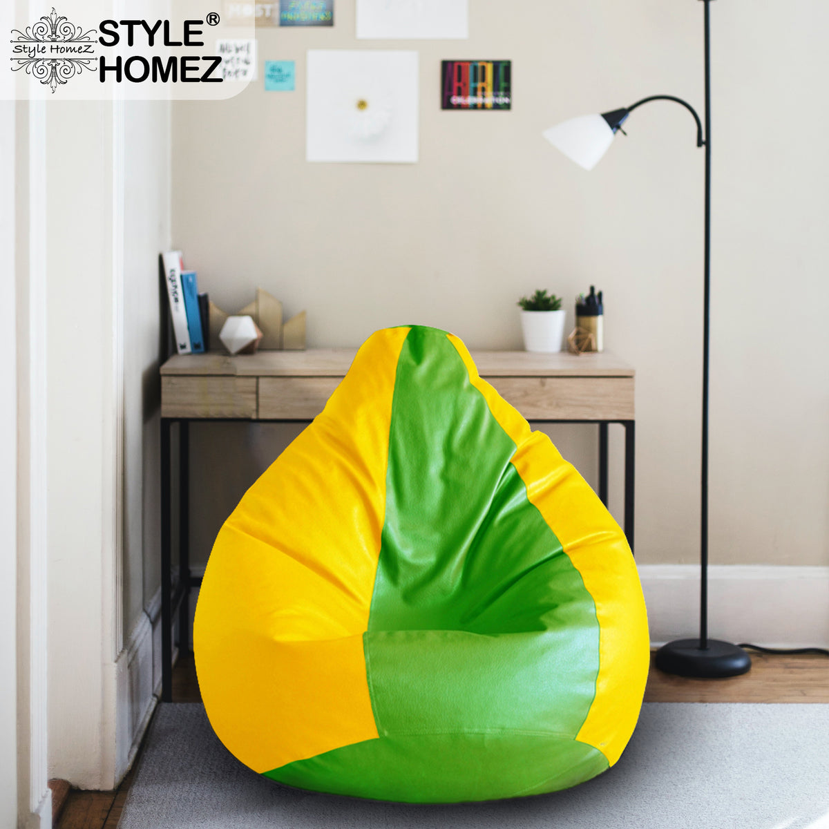 Style Homez Premium Leatherette Classic Bean Bag XXL Size Green Yellow Color Filled with Beans Fillers