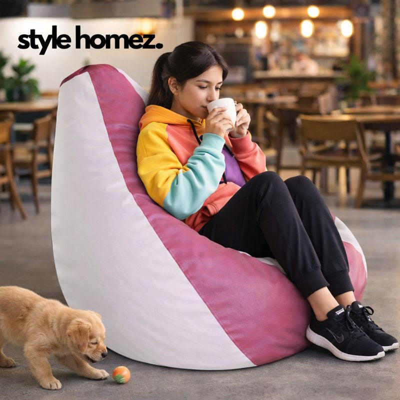 Style Homez Premium Leatherette Classic Bean Bag XXL Size Maroon White Color Filled with Beans Fillers