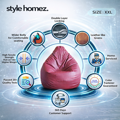 Style Homez Premium Leatherette Classic Bean Bag XXL Size Maroon Color Filled with Beans Fillers