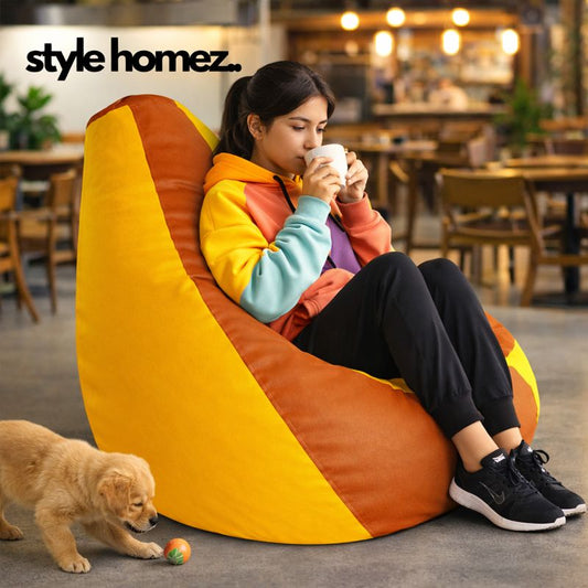 Style Homez Premium Leatherette Classic Bean Bag XXL Size Orange Yellow Color Filled with Beans Fillers