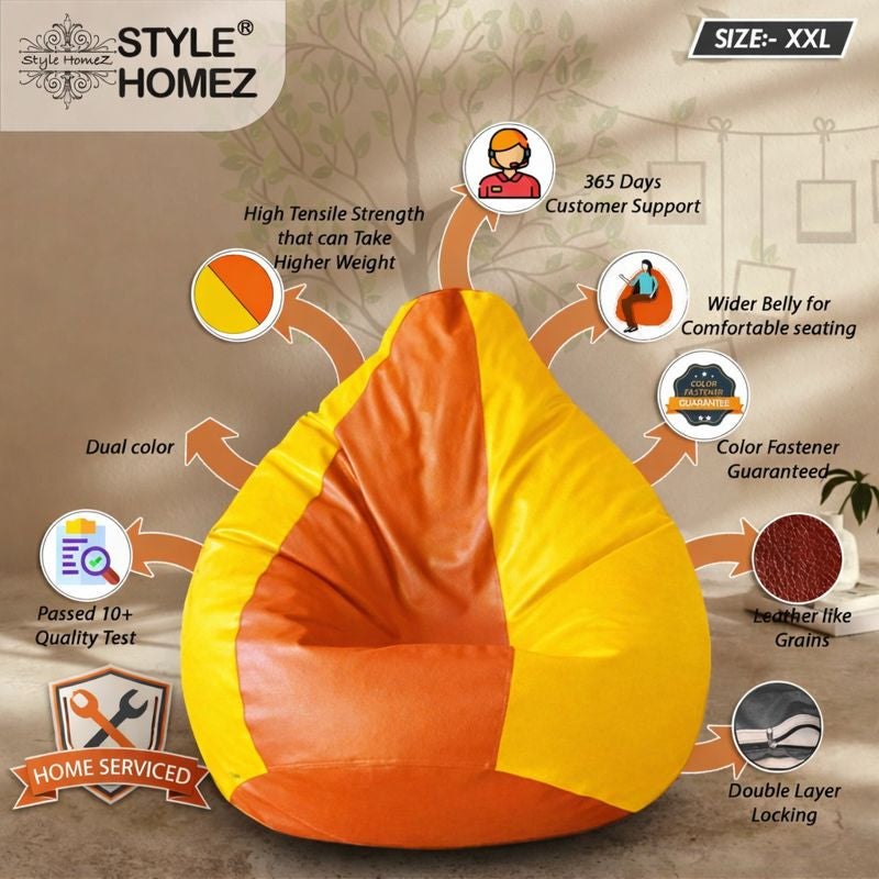 Style Homez Premium Leatherette Classic Bean Bag XXL Size Orange Yellow Color Filled with Beans Fillers