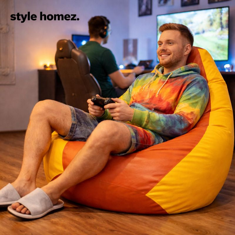 Style Homez Premium Leatherette Classic Bean Bag XXL Size Orange Yellow Color Filled with Beans Fillers