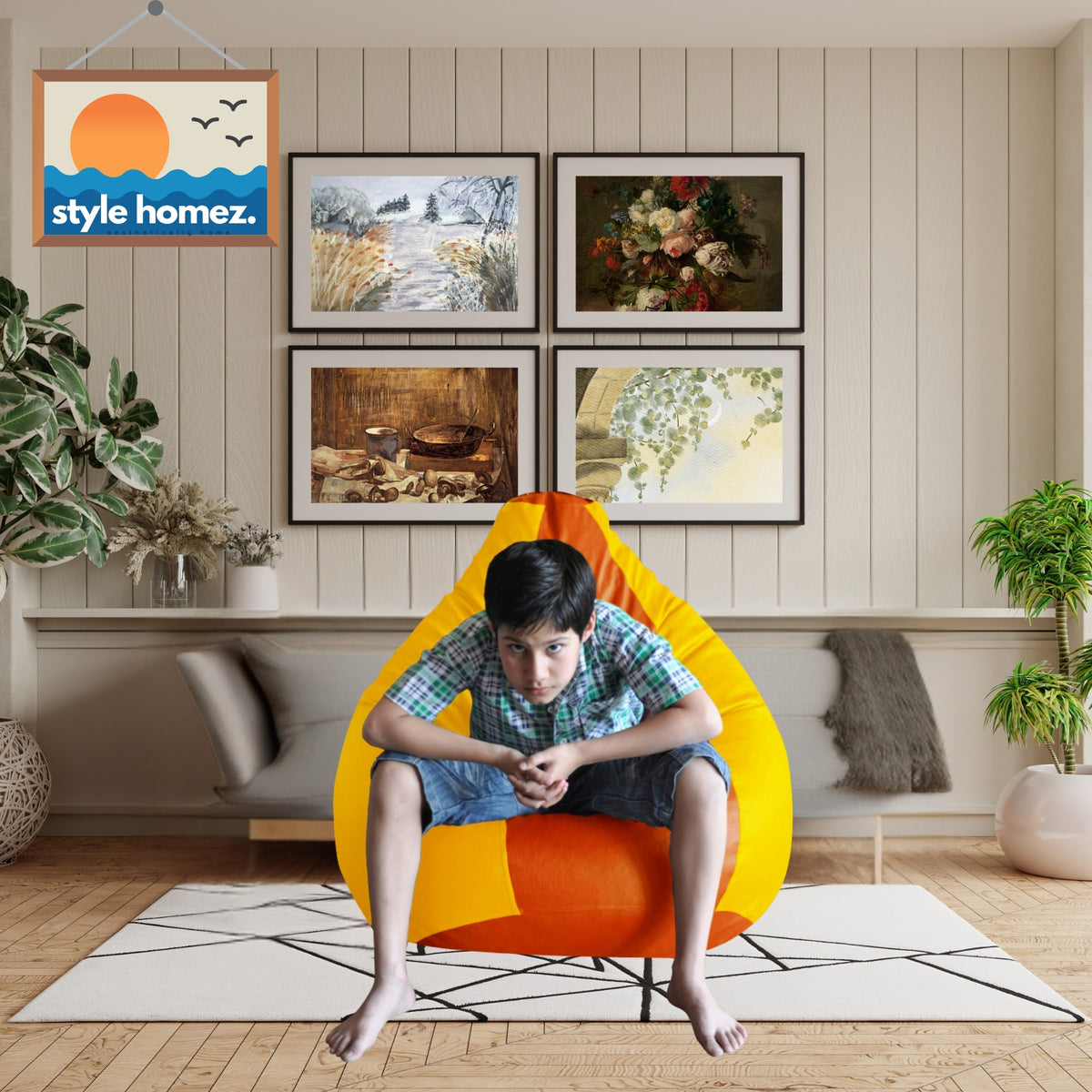 Style Homez Premium Leatherette Classic Bean Bag XXL Size Orange Yellow Color Filled with Beans Fillers